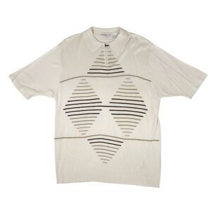Vintage INSERCH Knit Polo Shirt Mens L Cream Geometric Pattern 90s Retro